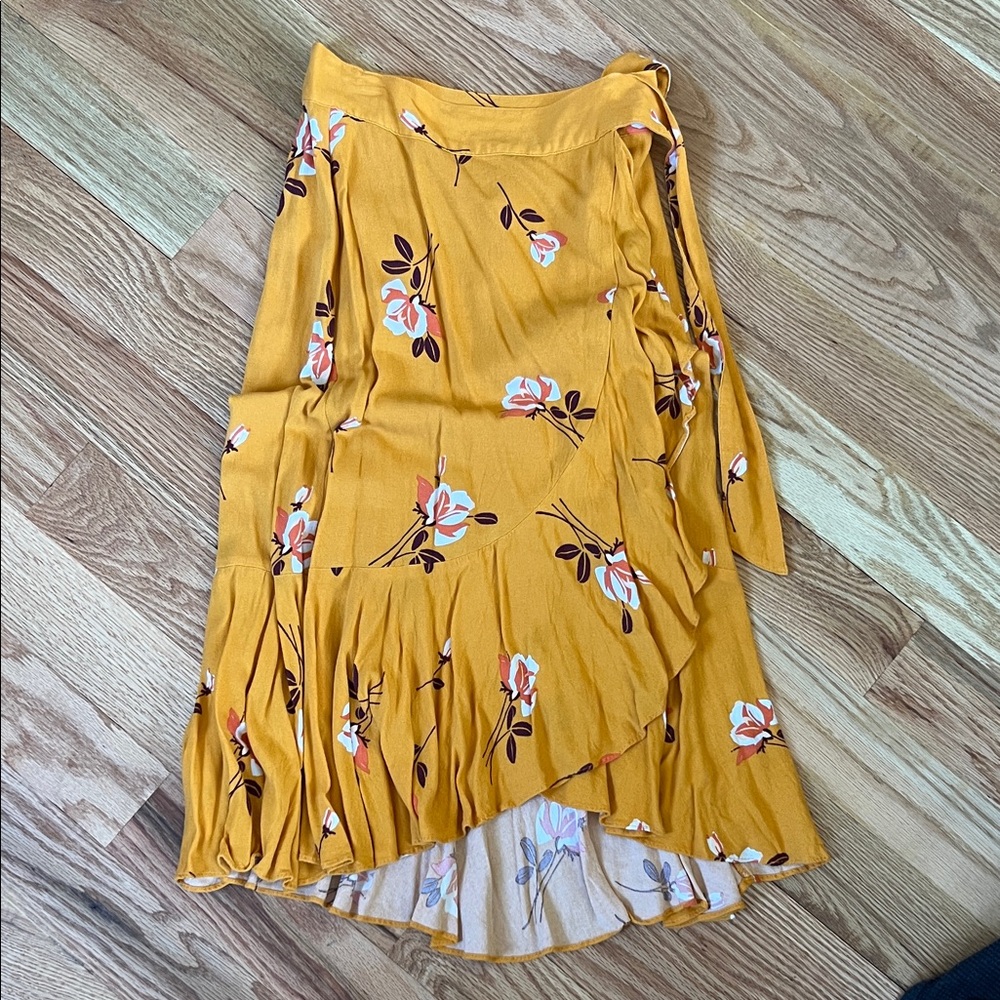 Free People Asymmetrical Floral Skirt in Mustard